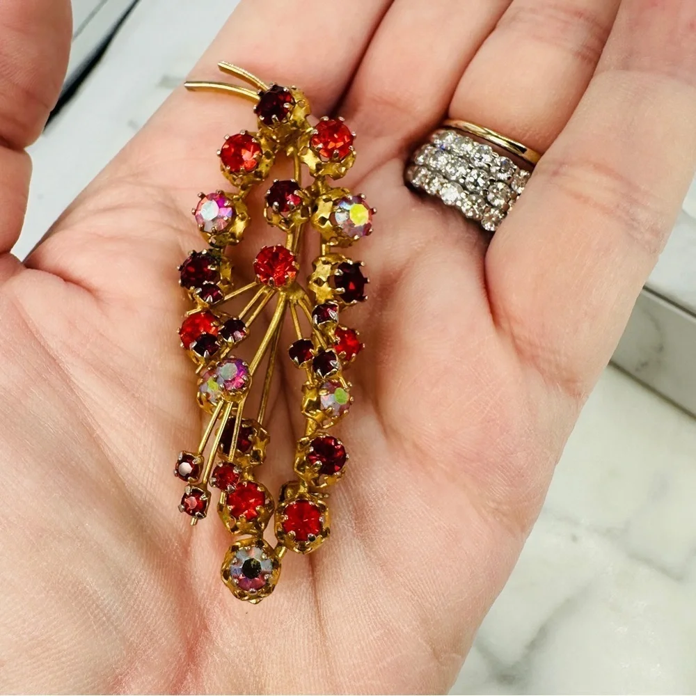 Vintage Austria 60s Rhinestone Brooch Pin AB Ice Red Pink Gold Tone Wire Leaf